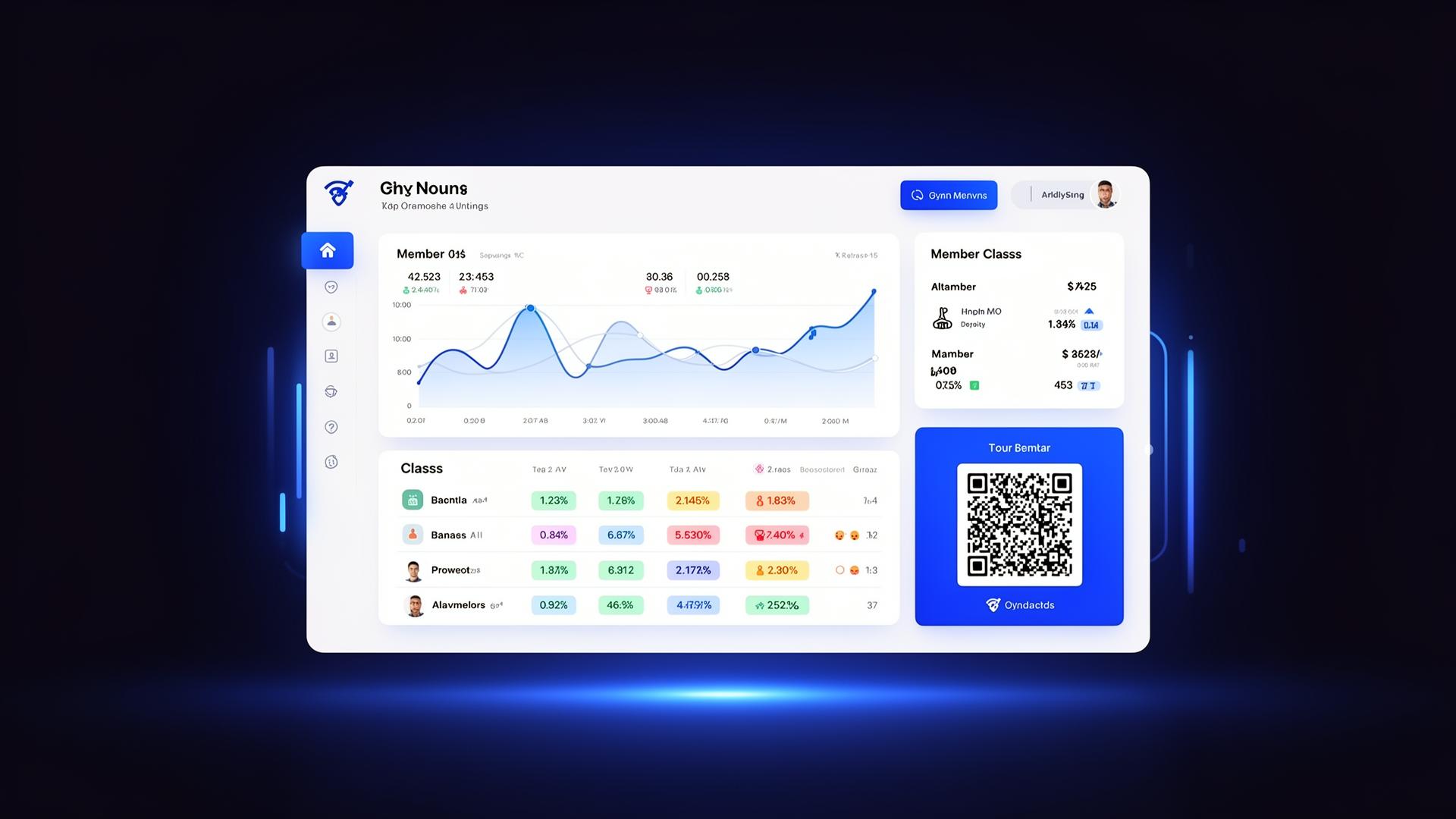Dashboard de gestión de gimnasio con métricas, clases y acceso QR